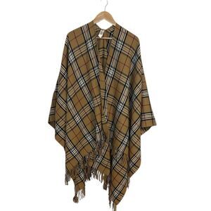 Worthington Poncho, open, cape, tan, red, black plaid